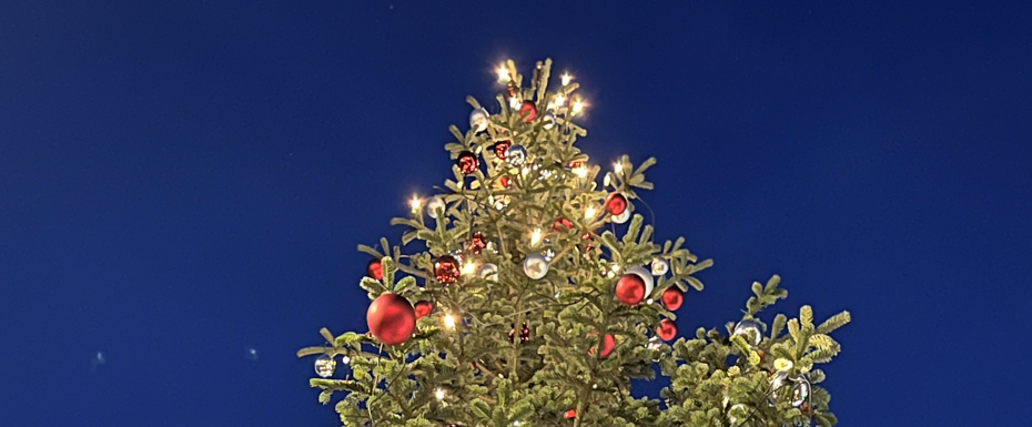 Spitze eines geschmückten Weihnachtsbaums bei Nacht
